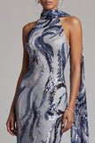 Sparkly Navy Mermaid Halter Sequins Long Mother of the Bride Dress with Sash
