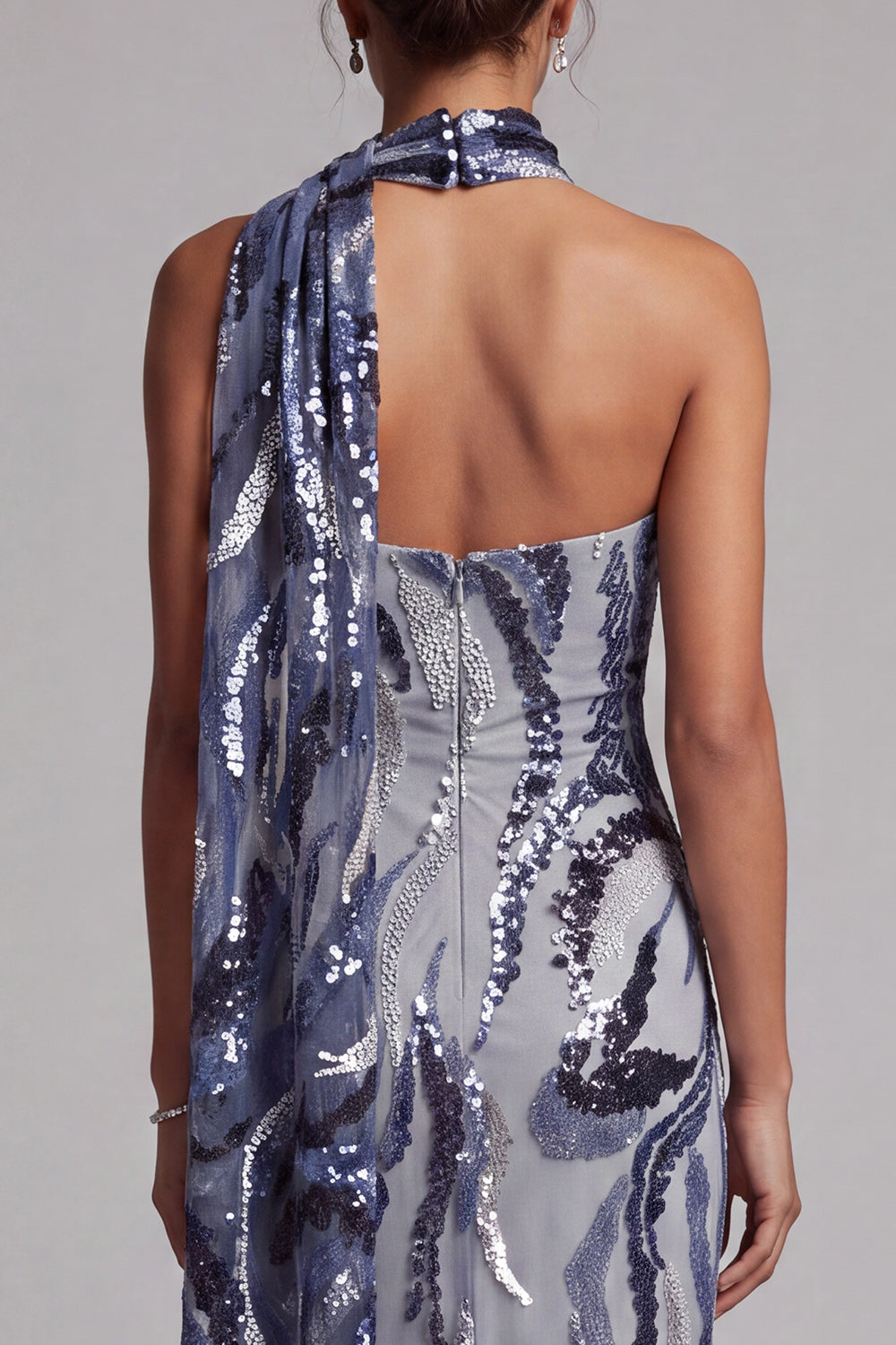 Sparkly Navy Mermaid Halter Sequins Long Mother of the Bride Dress with Sash