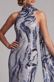 Sparkly Navy Mermaid Halter Sequins Long Mother of the Bride Dress with Sash