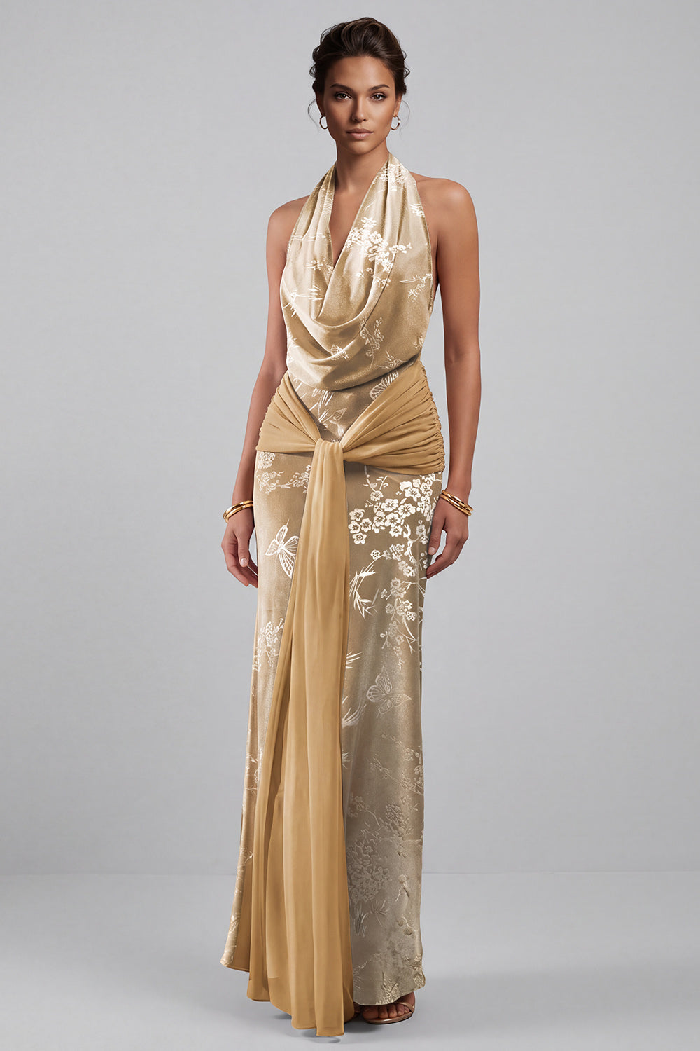 Champagne Velvet Halter Maxi Floral Mother of the Bride Dress with Sash