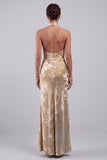 Champagne Velvet Halter Maxi Floral Mother of the Bride Dress with Sash