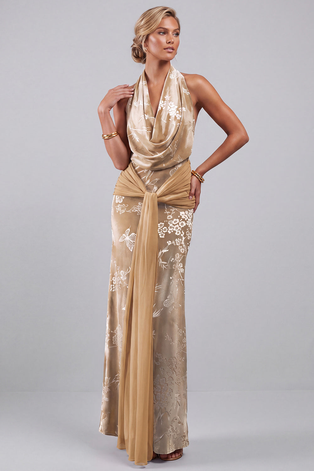 Champagne Velvet Halter Maxi Floral Mother of the Bride Dress with Sash