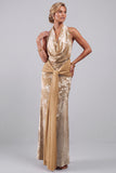 Champagne Velvet Halter Maxi Floral Mother of the Bride Dress with Sash