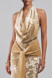 Champagne Velvet Halter Maxi Floral Mother of the Bride Dress with Sash