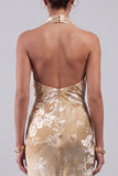 Champagne Velvet Halter Maxi Floral Mother of the Bride Dress with Sash
