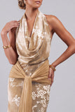 Champagne Velvet Halter Maxi Floral Mother of the Bride Dress with Sash