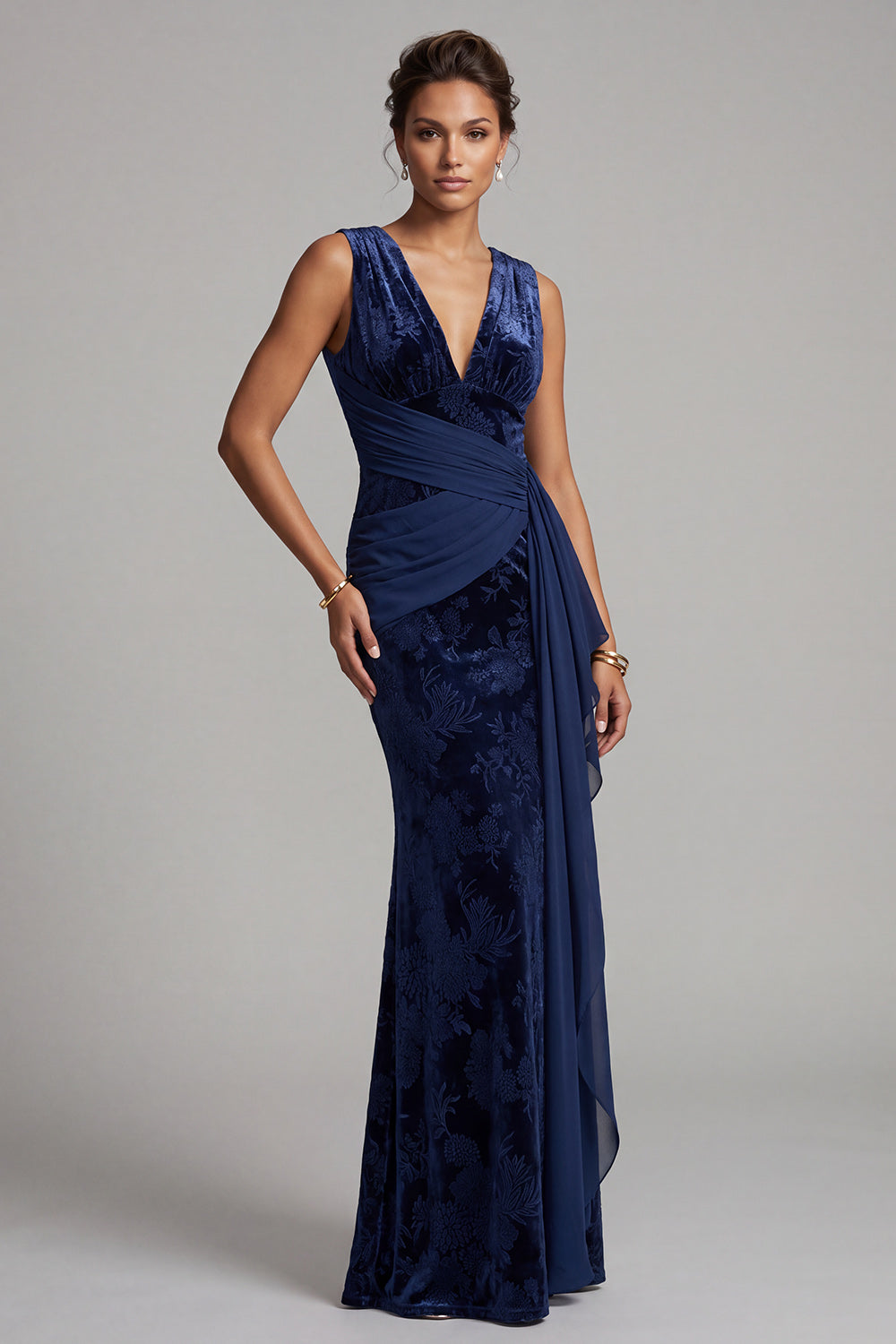 Dark Navy V-Neck Ruched Velvet Long Floral Mother of the Bride Dress with Sash