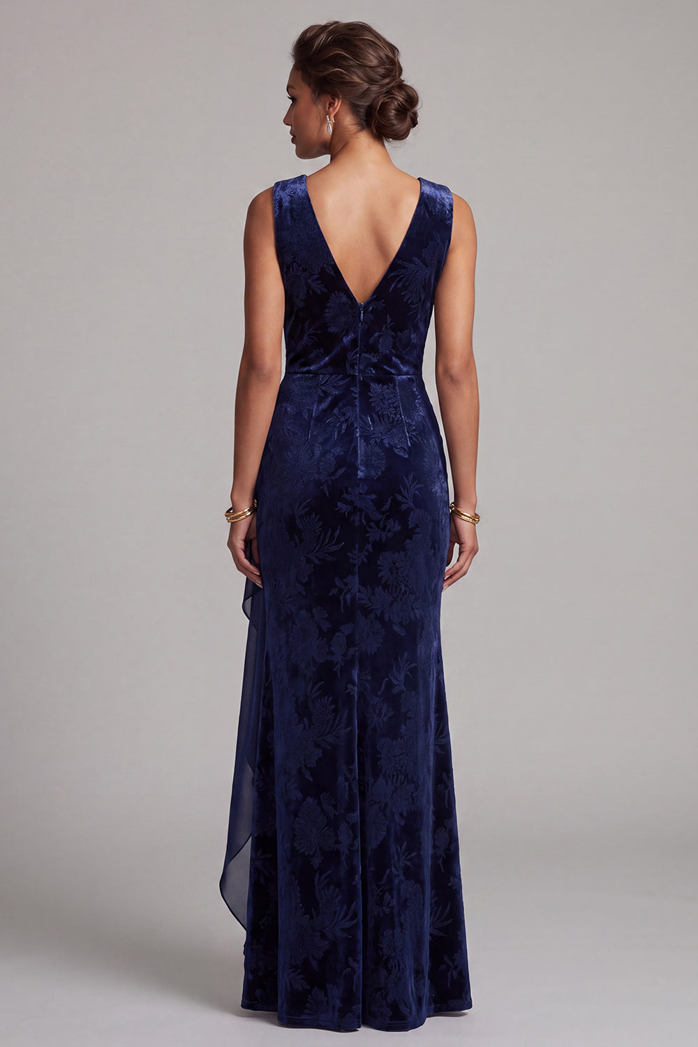 Dark Navy V-Neck Ruched Velvet Long Floral Mother of the Bride Dress with Sash