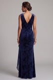 Dark Navy V-Neck Ruched Velvet Long Floral Mother of the Bride Dress with Sash