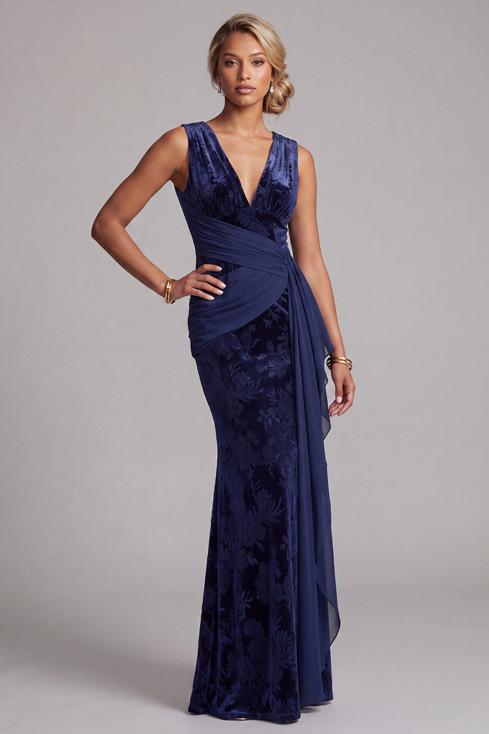 Dark Navy V-Neck Ruched Velvet Long Floral Mother of the Bride Dress with Sash
