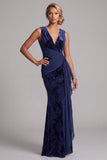 Dark Navy V-Neck Ruched Velvet Long Floral Mother of the Bride Dress with Sash