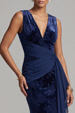 Dark Navy V-Neck Ruched Velvet Long Floral Mother of the Bride Dress with Sash
