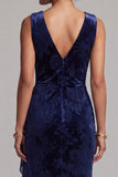 Dark Navy V-Neck Ruched Velvet Long Floral Mother of the Bride Dress with Sash