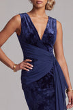 Dark Navy V-Neck Ruched Velvet Long Floral Mother of the Bride Dress with Sash