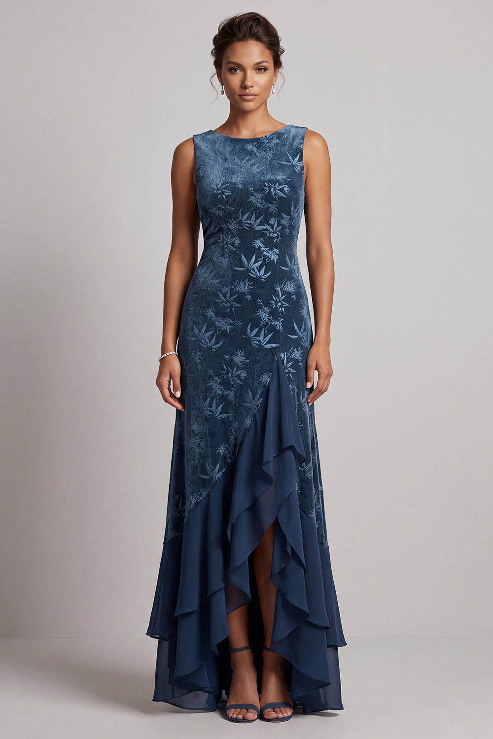 Dark Navy Velvet Sheath Long Floral Mother of the Bride Dress with Ruffles