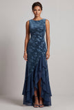 Dark Navy Velvet Sheath Long Floral Mother of the Bride Dress with Ruffles