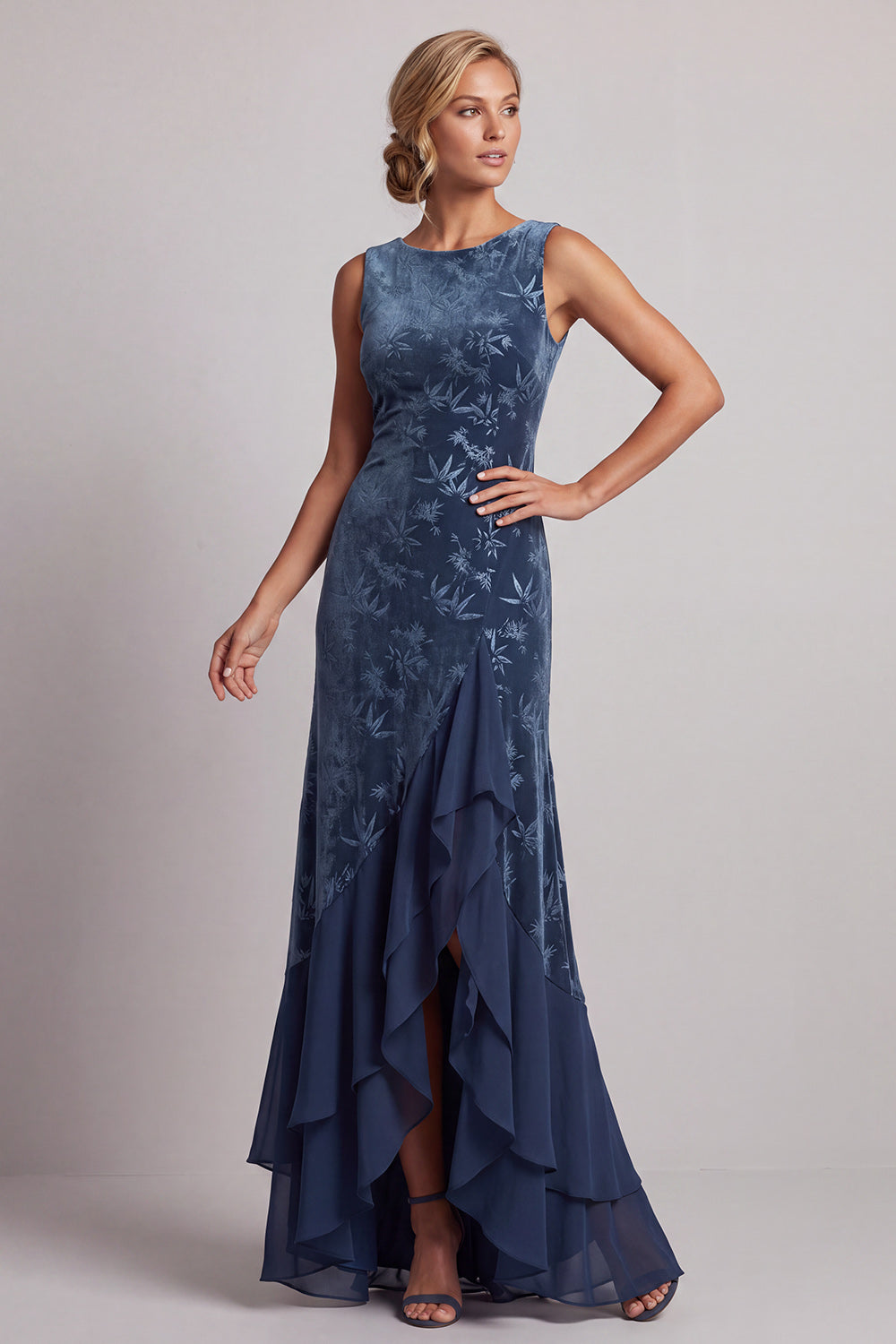 Dark Navy Velvet Sheath Long Floral Mother of the Bride Dress with Ruffles