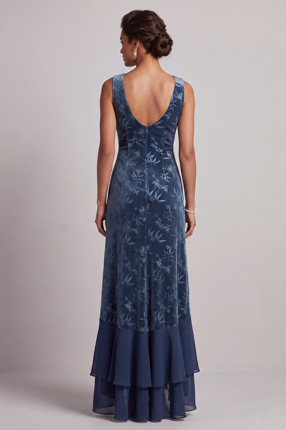 Dark Navy Velvet Sheath Long Floral Mother of the Bride Dress with Ruffles