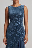 Dark Navy Velvet Sheath Long Floral Mother of the Bride Dress with Ruffles