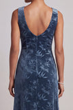 Dark Navy Velvet Sheath Long Floral Mother of the Bride Dress with Ruffles