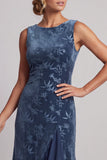 Dark Navy Velvet Sheath Long Floral Mother of the Bride Dress with Ruffles