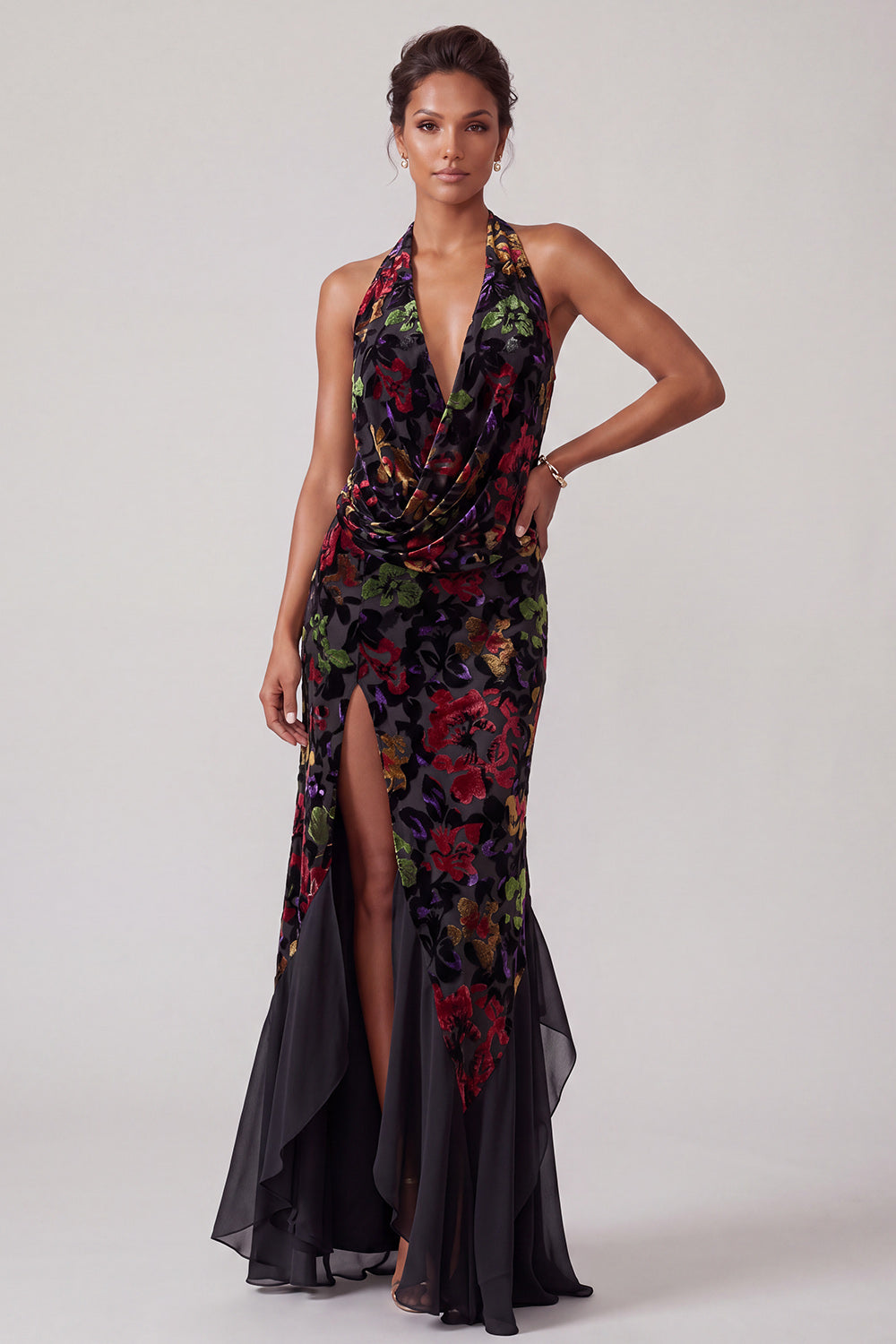 Black Halter Floral Velvet Ruffled Long Mother of the Bride Dress with Slit