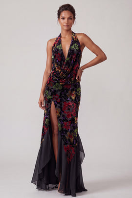 Black Halter Floral Velvet Ruffled Long Mother of the Bride Dress with Slit