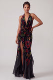 Black Halter Floral Velvet Ruffled Long Mother of the Bride Dress with Slit