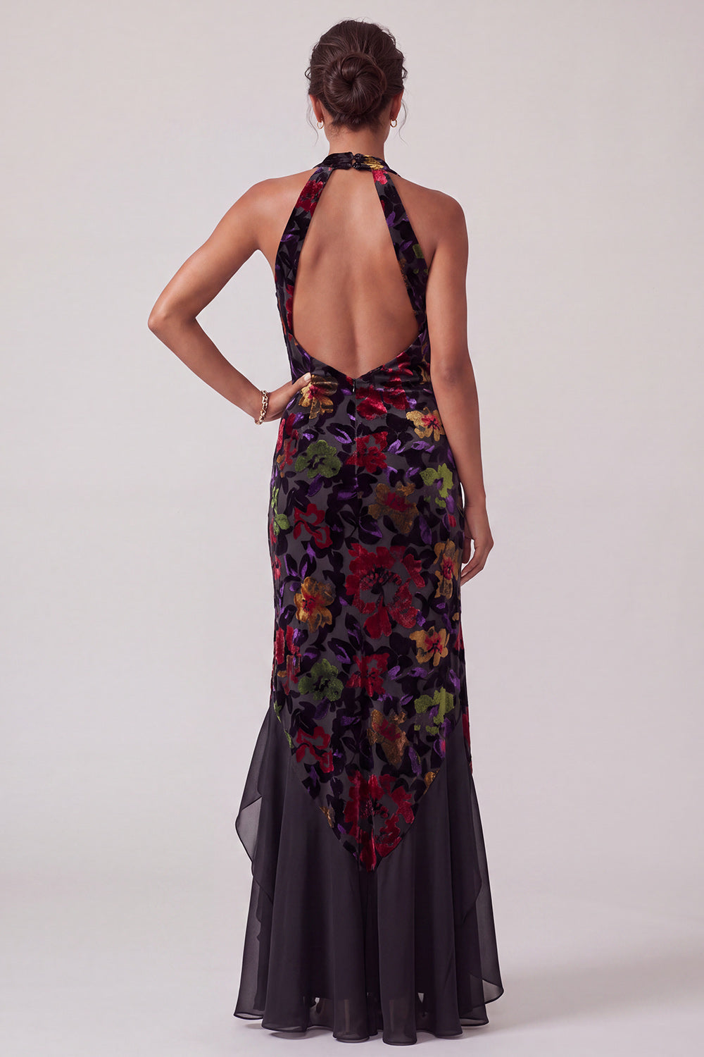Black Halter Floral Velvet Ruffled Long Mother of the Bride Dress with Slit
