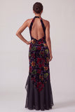 Black Halter Floral Velvet Ruffled Long Mother of the Bride Dress with Slit