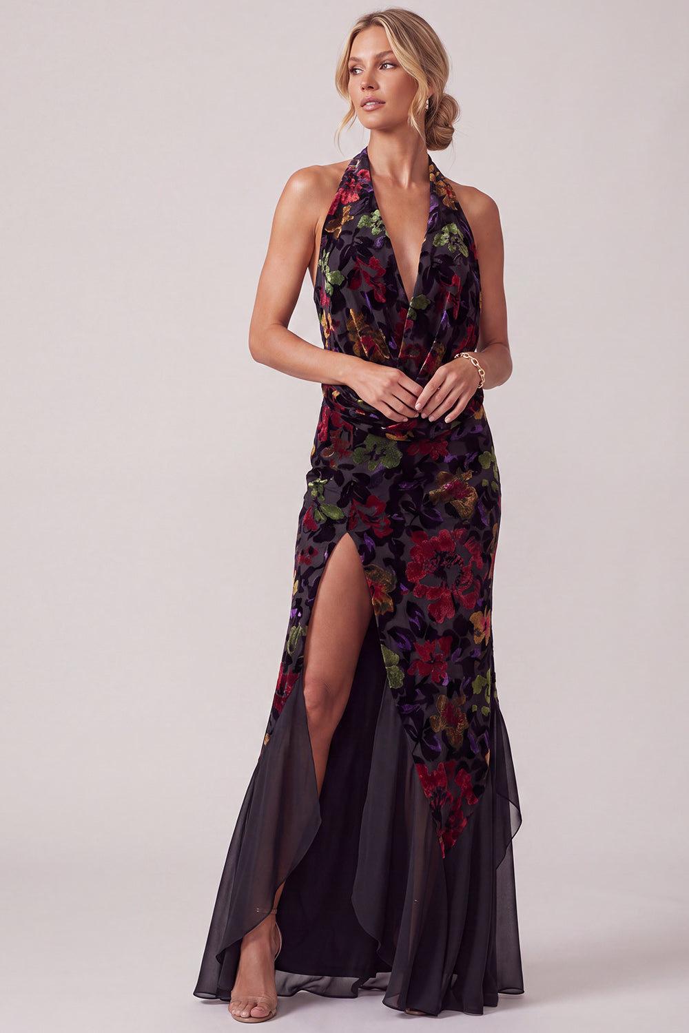 Black Halter Floral Velvet Ruffled Long Mother of the Bride Dress with Slit