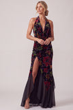 Black Halter Floral Velvet Ruffled Long Mother of the Bride Dress with Slit