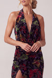 Black Halter Floral Velvet Ruffled Long Mother of the Bride Dress with Slit