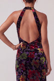 Black Halter Floral Velvet Ruffled Long Mother of the Bride Dress with Slit