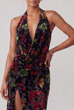 Black Halter Floral Velvet Ruffled Long Mother of the Bride Dress with Slit