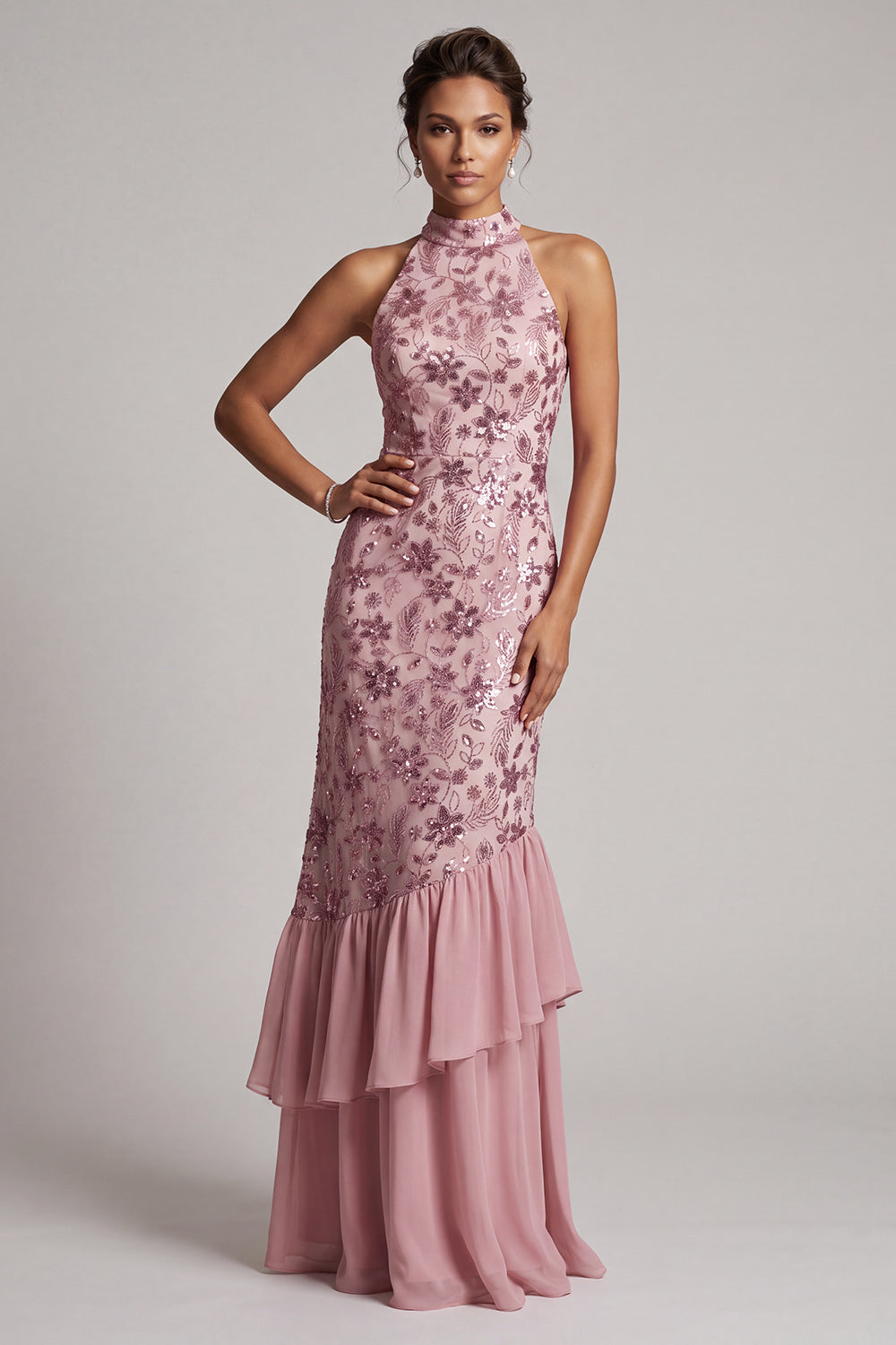 Vintage Mauve Sequins Mermaid Tiered Long Floral Mother of the Bride Dress