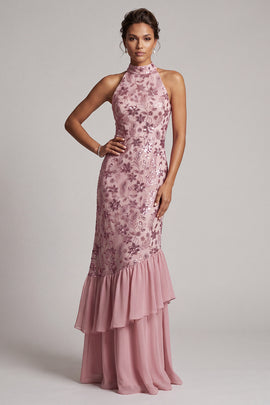 Vintage Mauve Sequins Mermaid Tiered Long Floral Mother of the Bride Dress