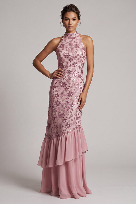 Vintage Mauve Sequins Mermaid Tiered Long Floral Mother of the Bride Dress