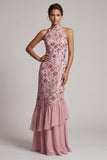 Vintage Mauve Sequins Mermaid Tiered Long Floral Mother of the Bride Dress