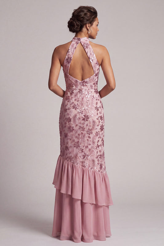 Vintage Mauve Sequins Mermaid Tiered Long Floral Mother of the Bride Dress