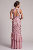 Vintage Mauve Sequins Mermaid Tiered Long Floral Mother of the Bride Dress