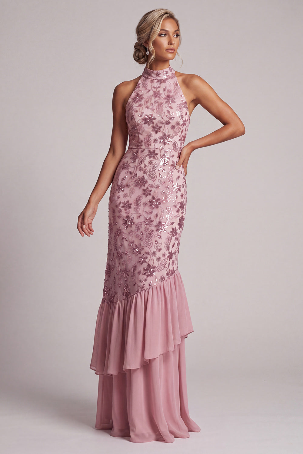 Vintage Mauve Sequins Mermaid Tiered Long Floral Mother of the Bride Dress