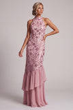 Vintage Mauve Sequins Mermaid Tiered Long Floral Mother of the Bride Dress