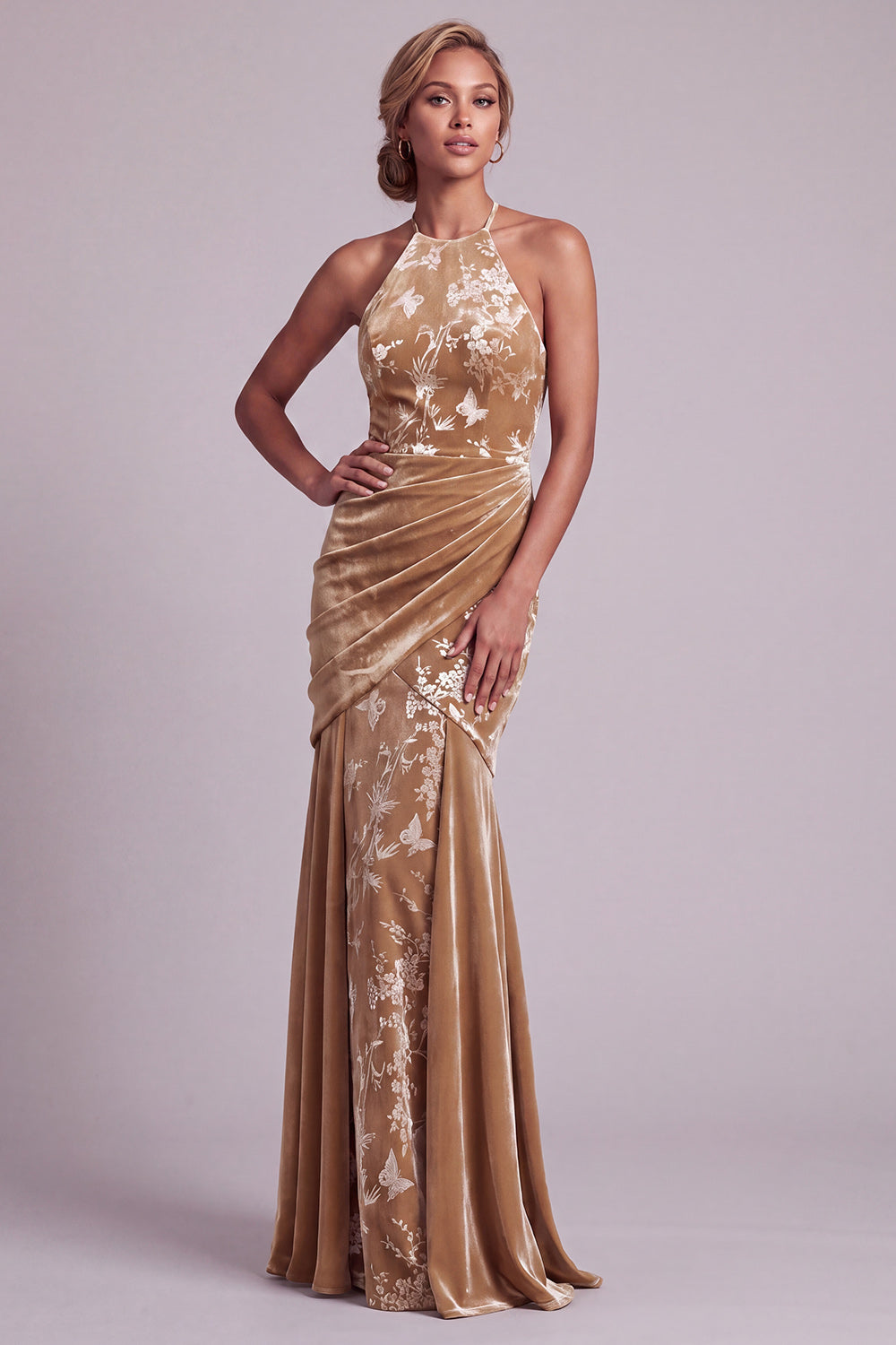 Floral Champagne Mermaid Halter Ruched Long Mother of the Bride Dress