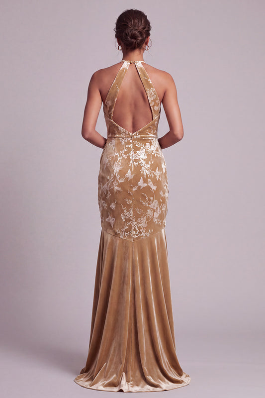 Floral Champagne Mermaid Halter Ruched Long Mother of the Bride Dress