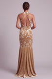 Floral Champagne Mermaid Halter Ruched Long Mother of the Bride Dress