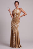 Floral Champagne Mermaid Halter Ruched Long Mother of the Bride Dress
