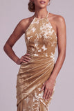 Floral Champagne Mermaid Halter Ruched Long Mother of the Bride Dress
