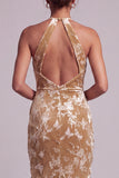 Floral Champagne Mermaid Halter Ruched Long Mother of the Bride Dress