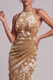 Floral Champagne Mermaid Halter Ruched Long Mother of the Bride Dress